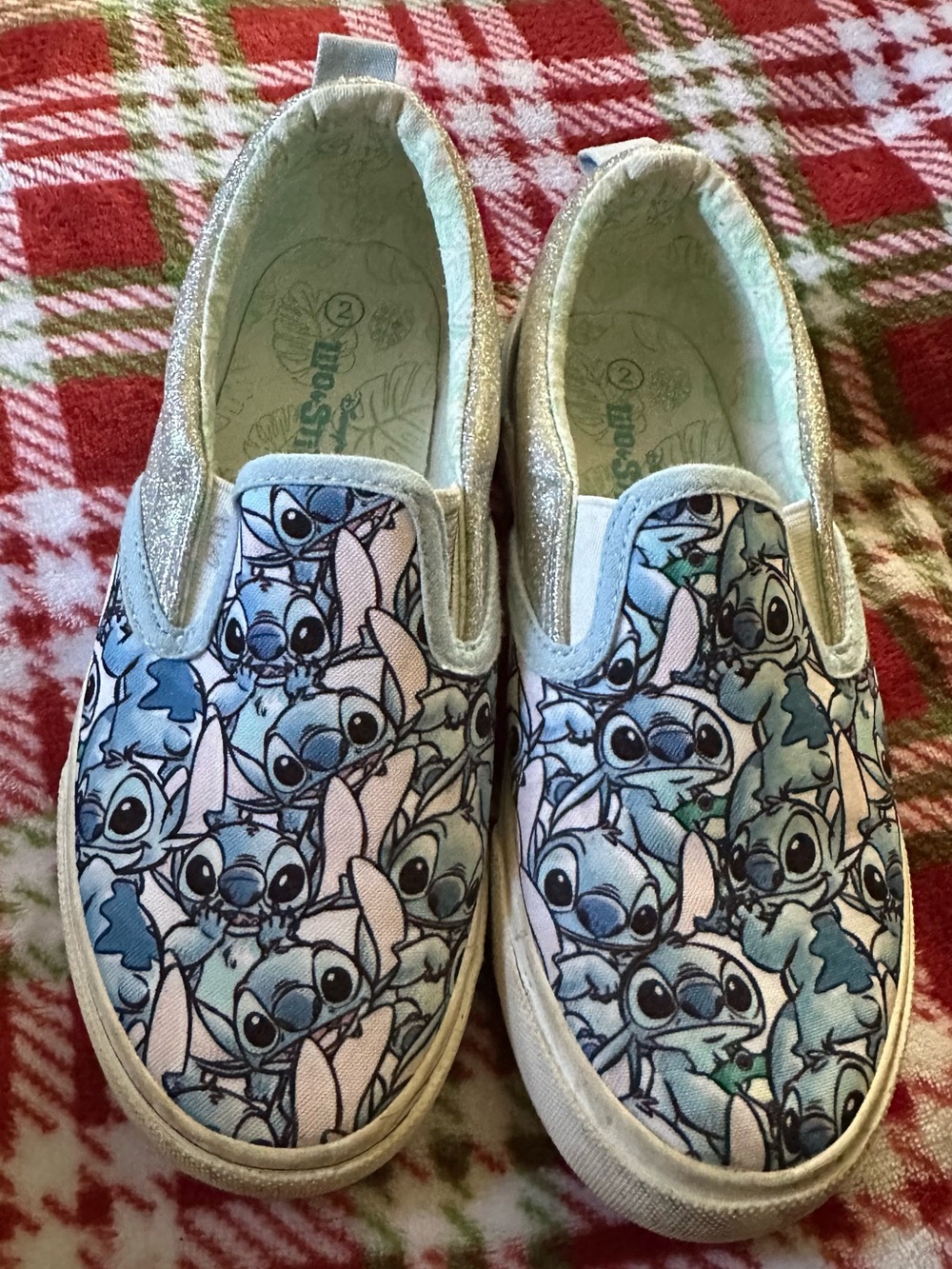 Disney Girls Silver Slip-On Sneakers with Blue Stitch Print